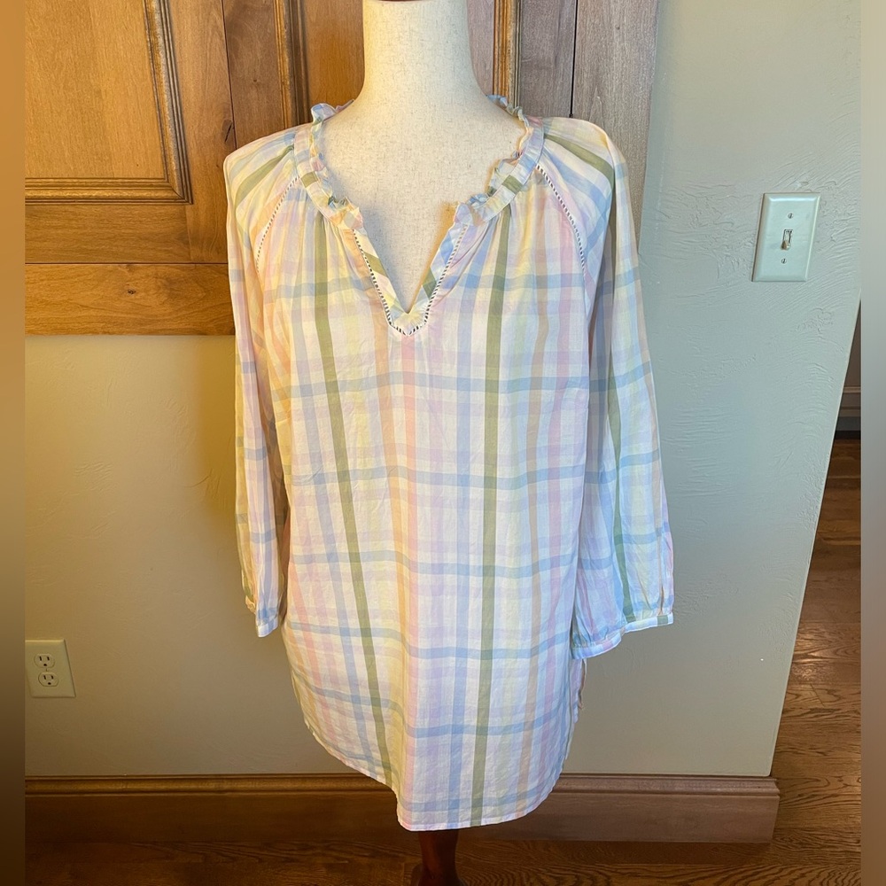Talbots pastel plaid peasant blouse